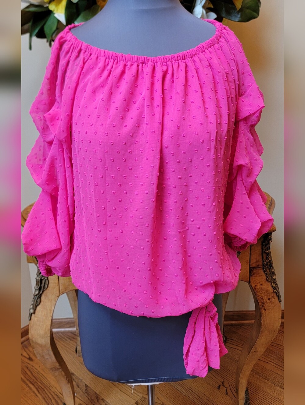 CeCe Pink Pullover Blouse Scoop Elastic Neck 3/4 Ruffle Sleeve Boho Top XL